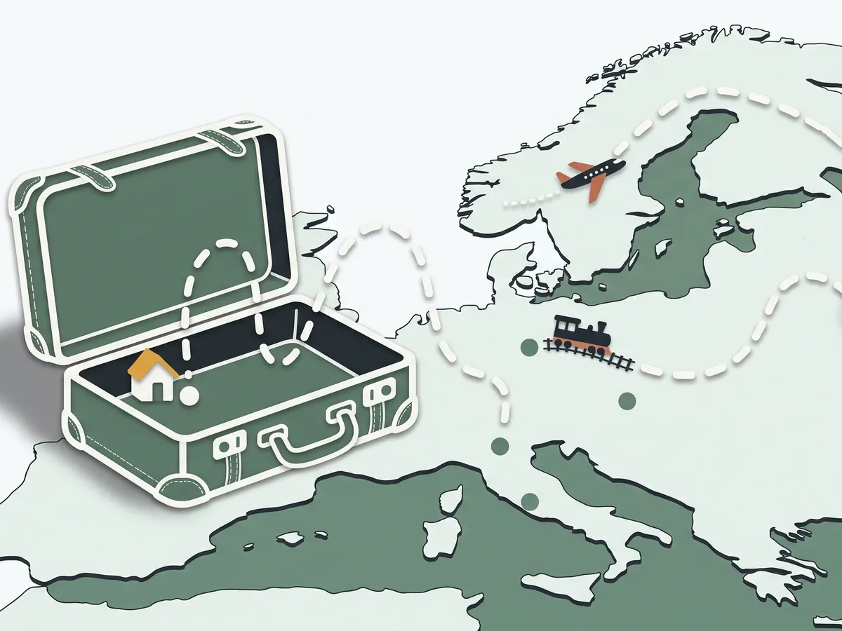 An open suitcase over a map of Europe, with a dotted route leaving home by plane and train.