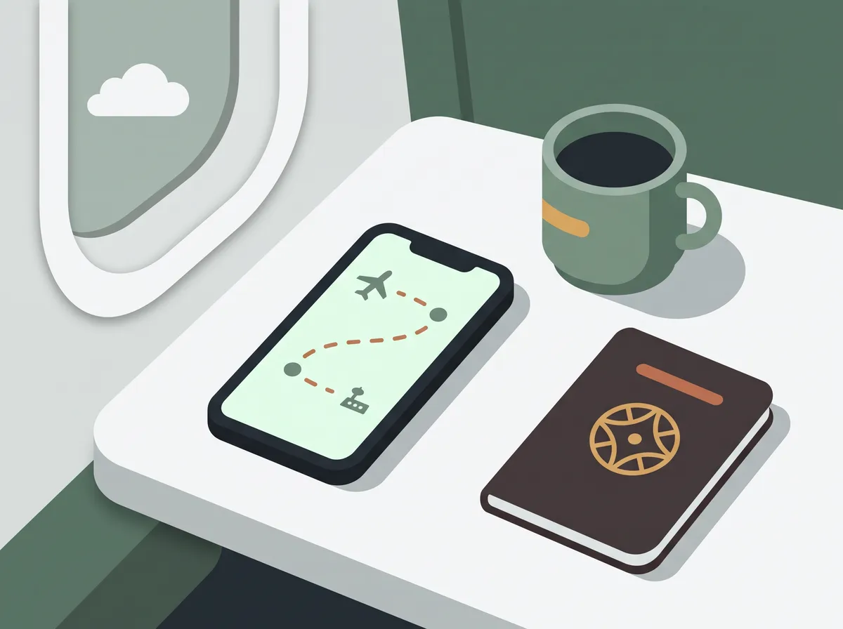 A phone showing a route map on an airplane tray table, beside a coffee and a passport.