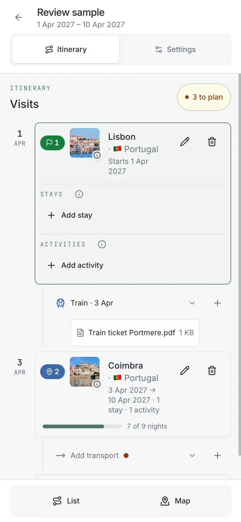 The itinerary of a fictional trip on a phone.