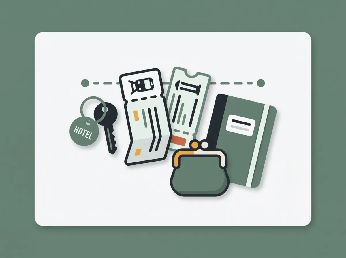 A hotel key, train and museum tickets, a coin purse, and a notebook.